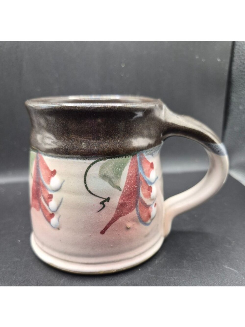 Handmade Floral Stoneware Coffee Mug Signed 1989 By Artisan Black Glazed Rim